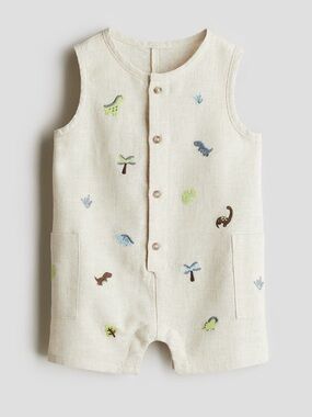 H&M Cream Linen Baby Romper with Dino Embroidery